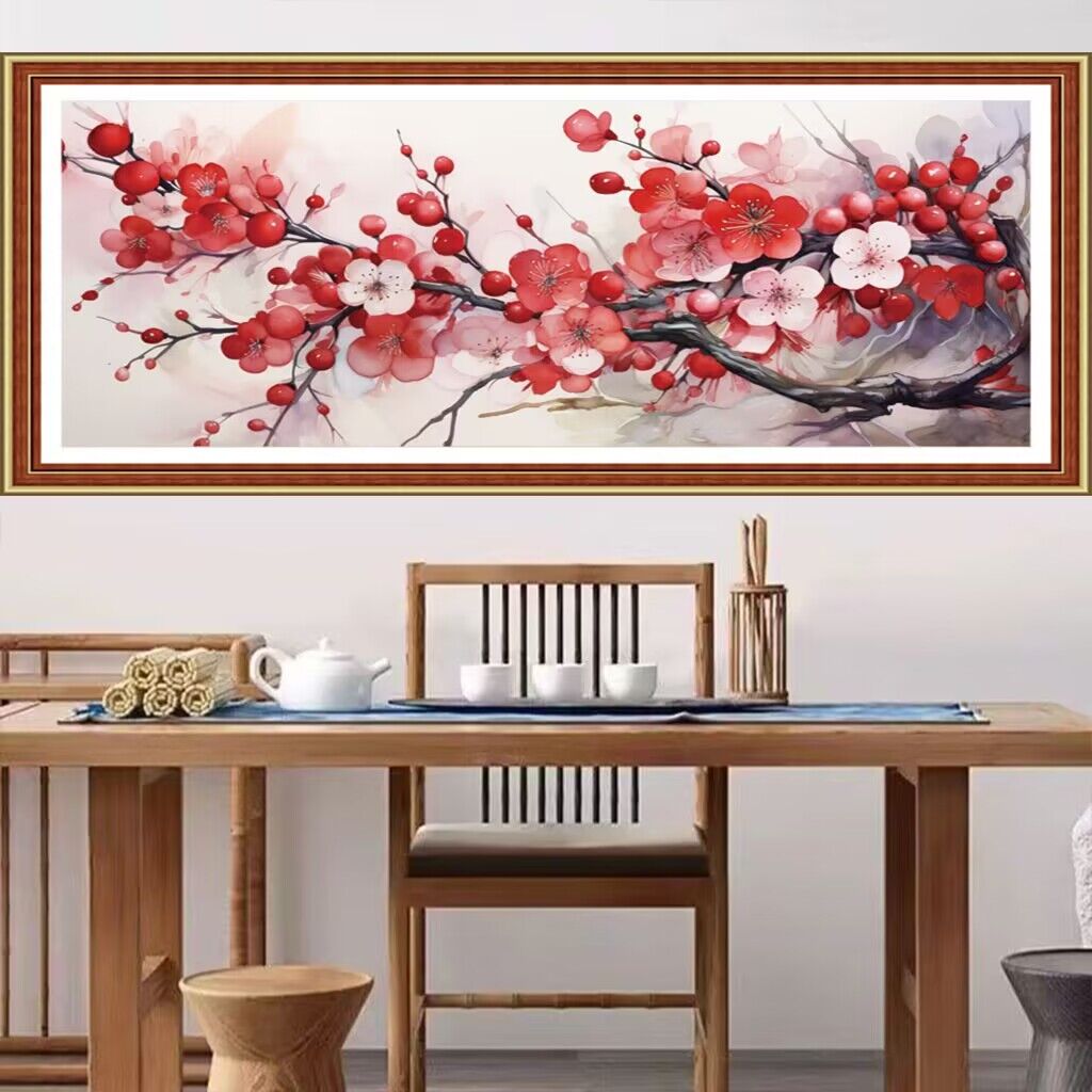 Embroidery Artwork - 9ct 110x50cm czerwone z kwiatowym haftem