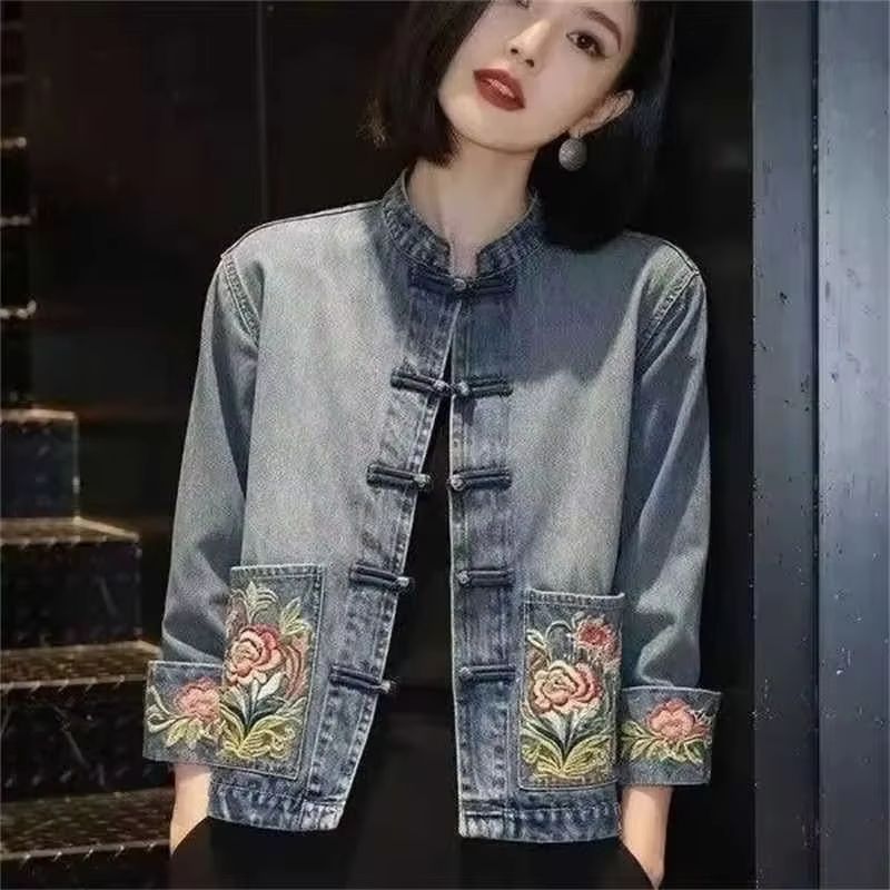 Embroidery Jeans - Wiosenno-jesienna, piękna, haftowana kurtka kowbojska, damska