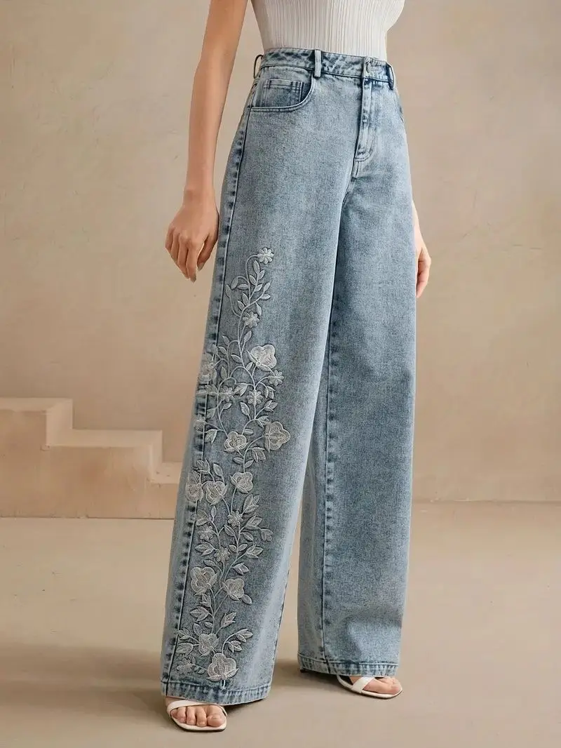 Embroidery Jeans - Damskie jeansy plus size Y2K z