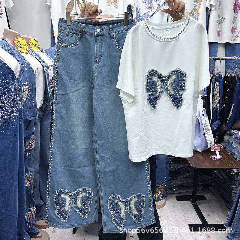 Embroidery Jeans - Nowy, luźny damski komplet dwuczęściowy na