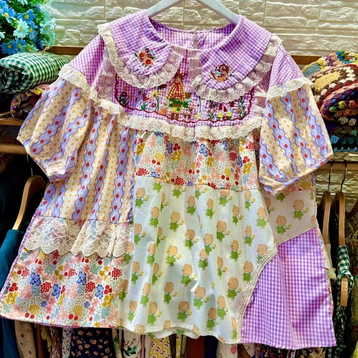 Embroidery Uniforms - Vintage Słodka Bawełniana Bluzka Babydoll z