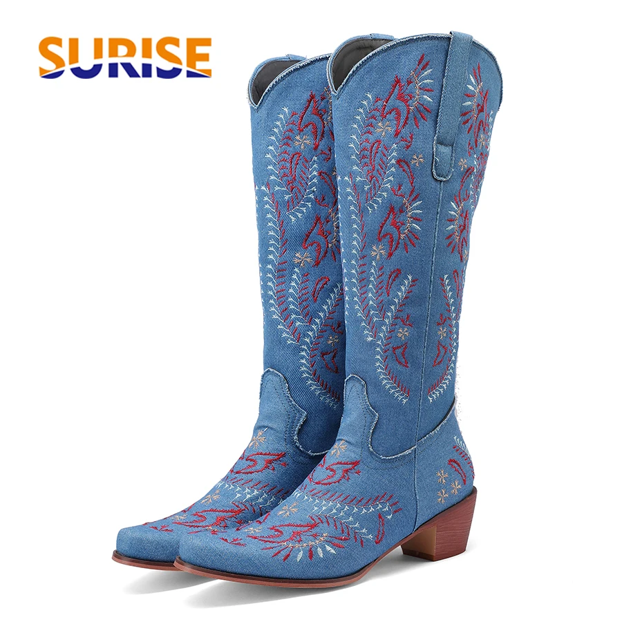 Embroidery Jeans - Niebieskie dżinsy Western Cowgirl Knee High